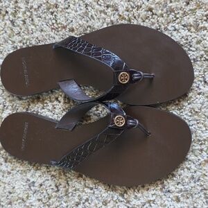 Tory Burch Manon Crocodile Embossed Leather Sandals -Brown